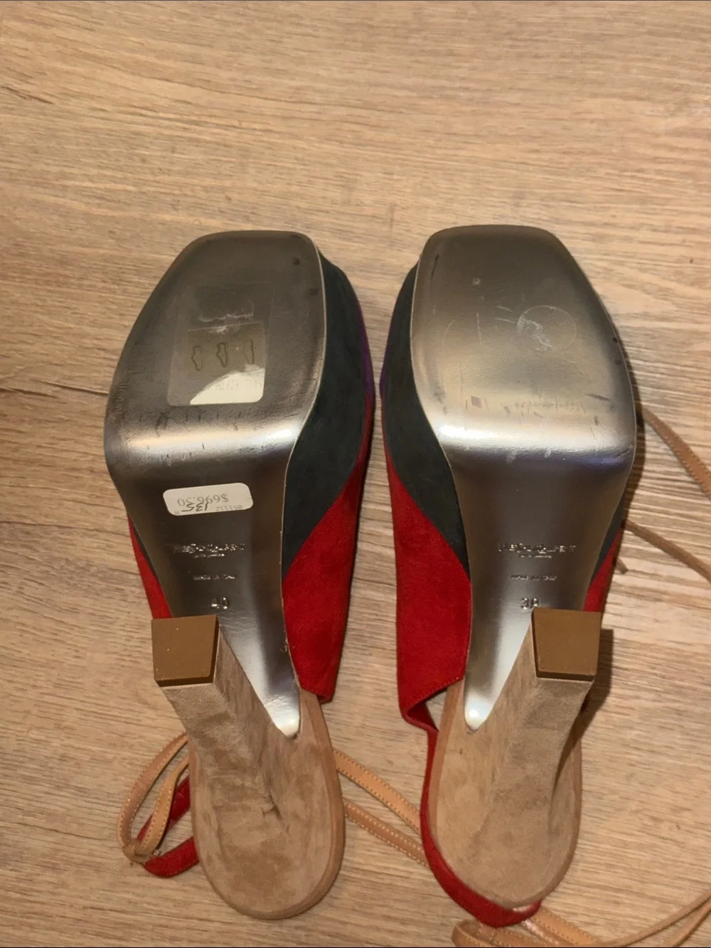 Yves Saint Laurent Two-Tone Suede Platform Heels in Red & Purple